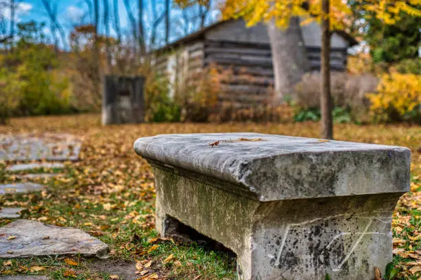 Stone bench in an autumn park with fallen leaves and a rustic wooden shed in the background.