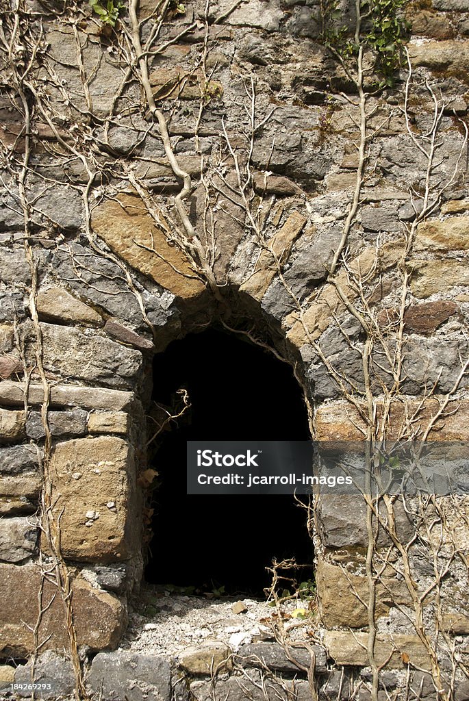 Ancient stone wall with arched doorway Old stone wall covered with ivy with a archway entrance into blackness.ee all of my aArtistic and Abstract BackgroundaA images: Ancient Stock Photo