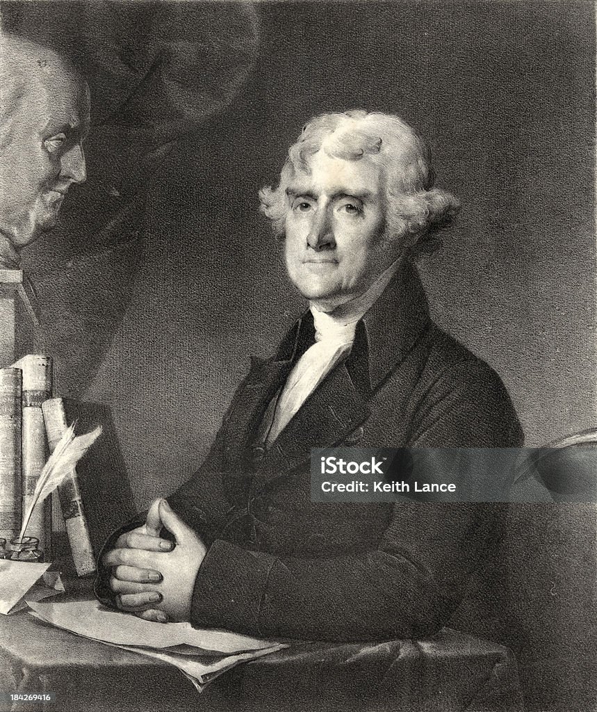 Portrait of Thomas Jefferson "A vintage portrait of Thomas Jefferson, third president of the United States." Thomas Jefferson stock illustration