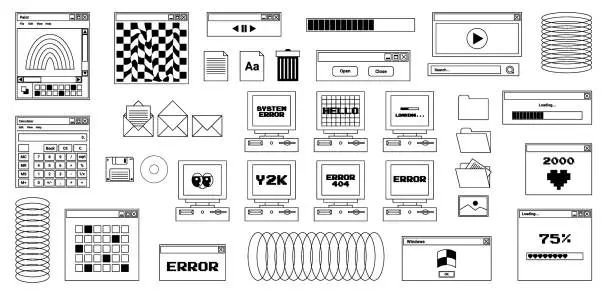 Vector illustration of User Interface y2k stickers. Retro icon browser, buttons, screen computer, folder, file, document thumbnails, loading progress bar, notifications and more. Black, white colors. Vector illustration.