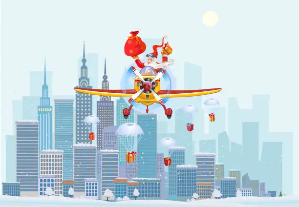 Vector illustration of Santa is flying a single-engine plane above the clouds