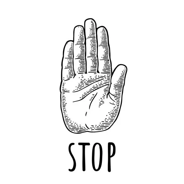 Vector illustration of Hand showing stop gesture. Front view. Vector monochrome vintage engraving