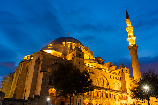 The beautiful Suleymaniye Mosque lighten up at night, Istanbul, Turkey