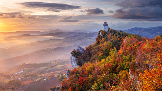 Aerial landscape image of San Marino, Italy at beautiful autumn sunrise.