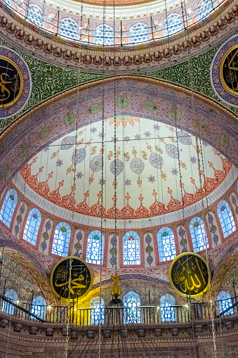 Beautiful islamic architecture in the interior of Yeni Cami Mosque, Istanbul, Turkey