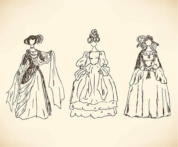 세트 소묘 여성 복고풍 옷 - luxury women wealth baroque style stock illustrations