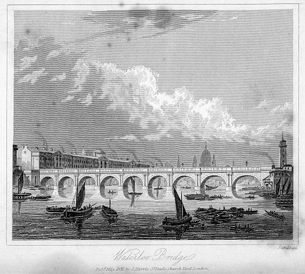 Waterloo Bridge "Vintage engraving from 1831 of Waterloo Bridge, London, London, England. The first bridge on the site was designed in 1809-10 by John Rennie for the Strand Bridge Company and opened in 1817 as a toll bridge. The granite bridge had nine arches, each of 120 feet span, separated by double Grecian-Doric stone columns and was 2,456 feet  long, including approaches." waterloo bridge stock illustrations