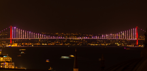 Istanbul, Turkey, 15 October 2022: Panoramic view of Istanbul Bosphorus Bridge at night