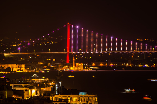 Istanbul, Turkey, 15 October 2022: Panoramic view of Istanbul Bosphorus Bridge at night