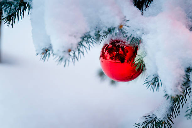 istock Bright Red Ornament Hangs From Snow Covered Christmas Tree 184272823