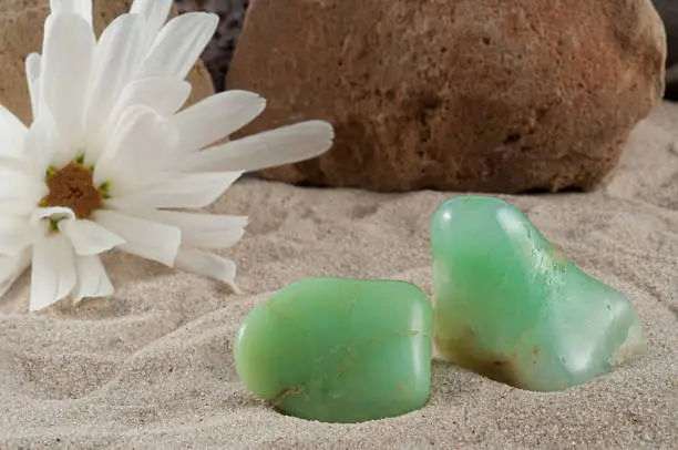 Photo collection of half-precious stones and gem stones. Here shown: Chrysoprase. 