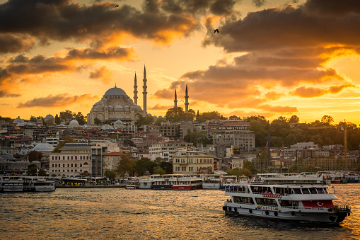 Istanbul, Turkey, 12 October 2022:Amazing skyline of Istanbul at sunset with Suleymaniye Mosque
