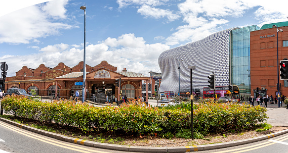 Birmingham Moor Street Railway Station building and The Bullring Shopping Mall in Birmingham, West Midlands, UK on 23 July 2023