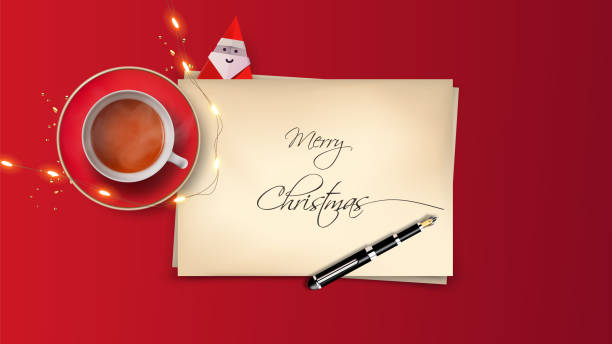 Top View of Merry Christmas lettering on paper sheet with inkpen. Realistic vector christmas object composition Top View of Merry Christmas lettering on paper sheet with inkpen. Realistic vector christmas object composition inkpen stock illustrations