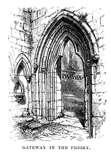 Gateway to the Priory "Vintage engraving from 1879 of the Gateway to the Priory at Bolton Abbey, North Yorkshire, England" Abbey stock illustrations