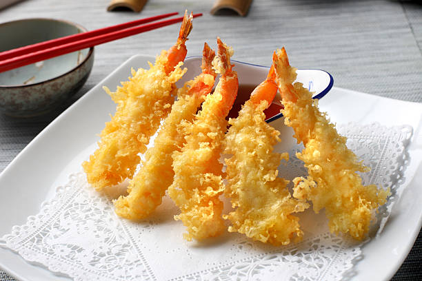 Shrimp Tempura "Japanese Style Snack, Crispy Deep Fired Shrimp Tempura with Tempura Soy sauce" Tempura Prawns stock pictures, royalty-free photos & images