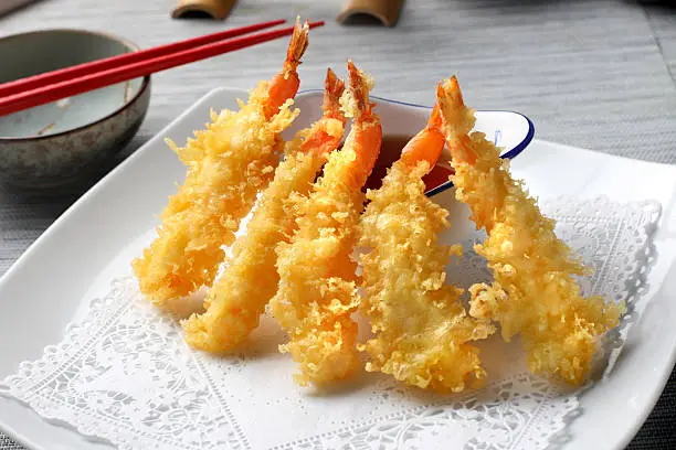 "Japanese Style Snack, Crispy Deep Fired Shrimp Tempura with Tempura Soy sauce"