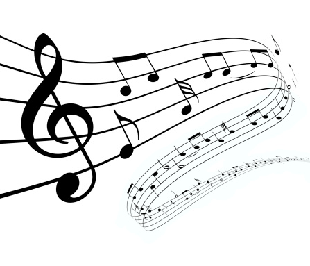 Musical notes and symbols with curves and swirls on a white background under  light color. 3D illustration