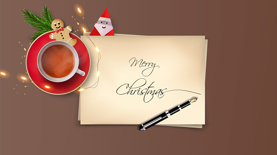 Top View of Merry Christmas lettering on paper sheet with inkpen. Realistic vector christmas object composition