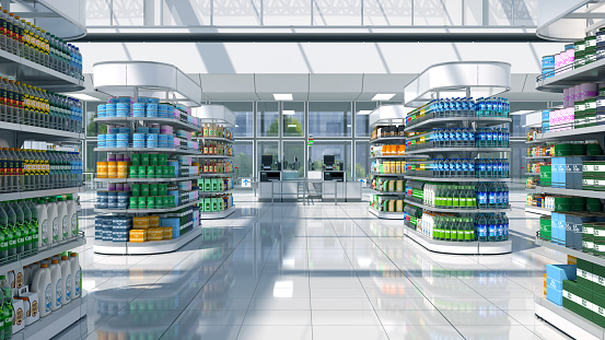 Sales area of the store with rows of shelving, display of goods and daylight. 3d illustration