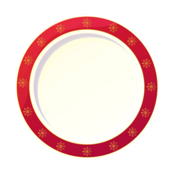 istock Holiday plate, bright empty dish top view golden stripes, border ornament Christmas decoration, in cartoon style isolated on white background. Vector illustration 1842758355