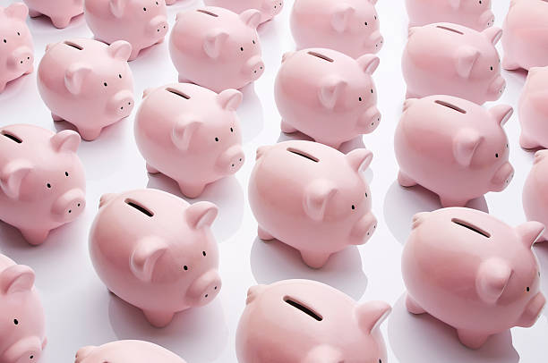 istock Identical pink ceramic piggy banks standing in rows 184276478