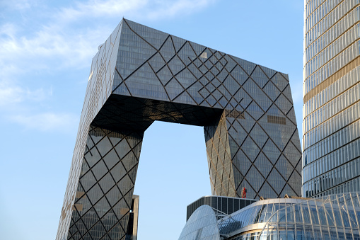 View of the CCTV Headquarters, a 51-floor, 234 mt skyscraper formed out of a pair of conjoined towers in the Beijing Central Business District and serves as the headquarters for China Central Television (CCTV).