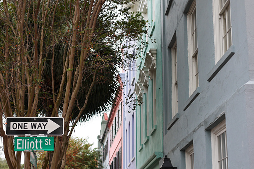 Charleston, South Carolina USA November 12, 2023: A view of Rainbow Row  neighborhood in downtown Charleston, South Carolina