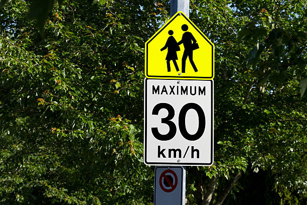 istock School zone, speed limit and no stopping signs. 184278679