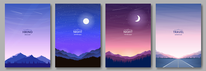 Mountain scenery, highway road, night sky, moon and stars, evening twilight. Set of vertical posters. Design for postcard, greeting card, wallpaper, cover.