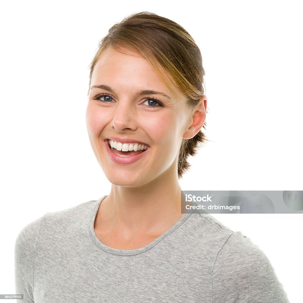 Happy Laughing Young Woman Portrait of a woman on a white background. http://s3.amazonaws.com/drbimages/m/ls.jpg White Background Stock Photo