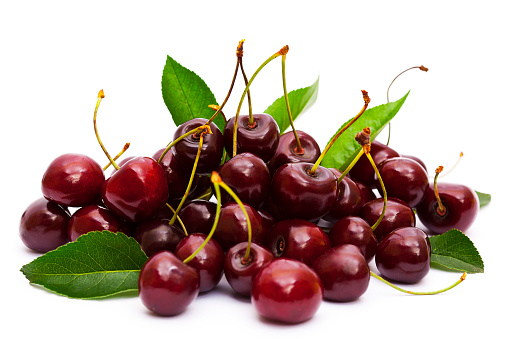 Group of fresh dark red cherry berry fruit falling isolated on white background.