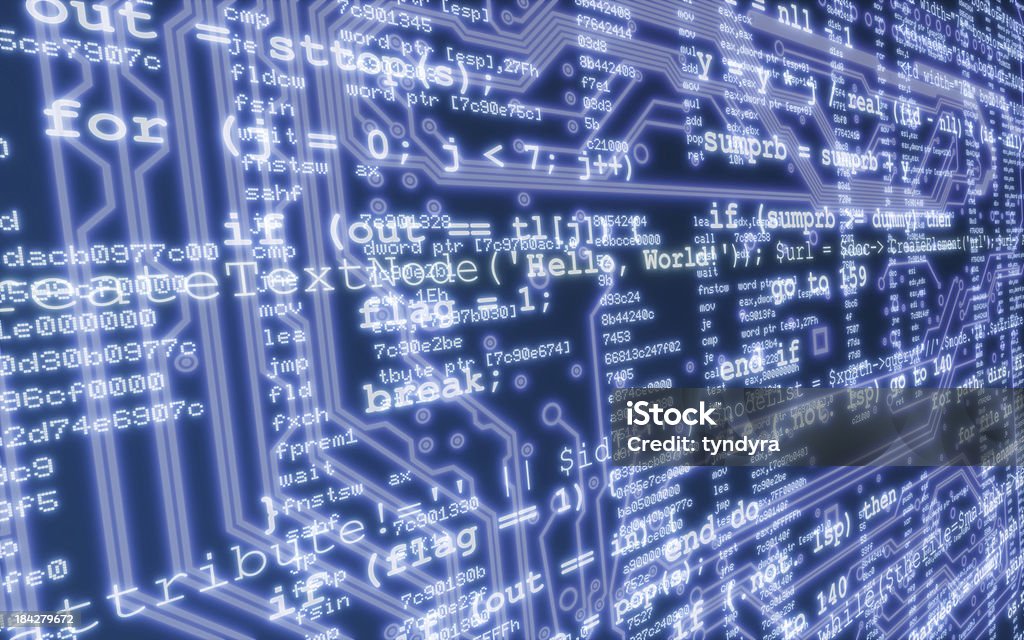 Programming Lines of computer code in different languages with circuit board on the background. Debugging Stock Photo