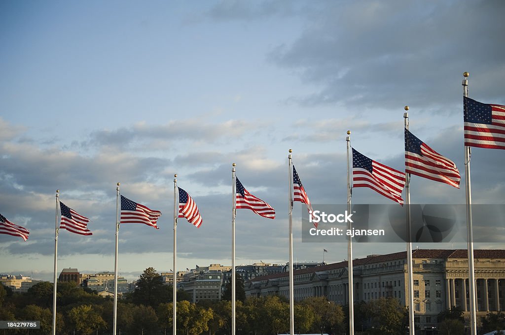 american flag near the washington monument at sunrise American Flag Stock Photo