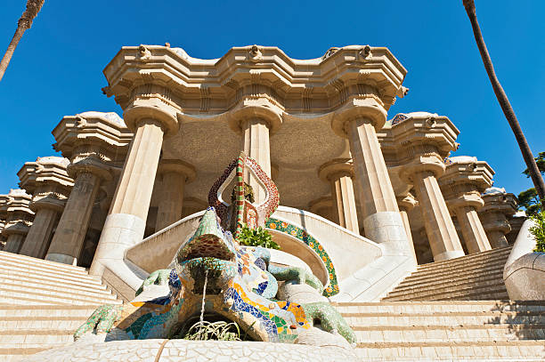Parc Guell Gaudi's mosaic dragon terrace Barcelona Spain