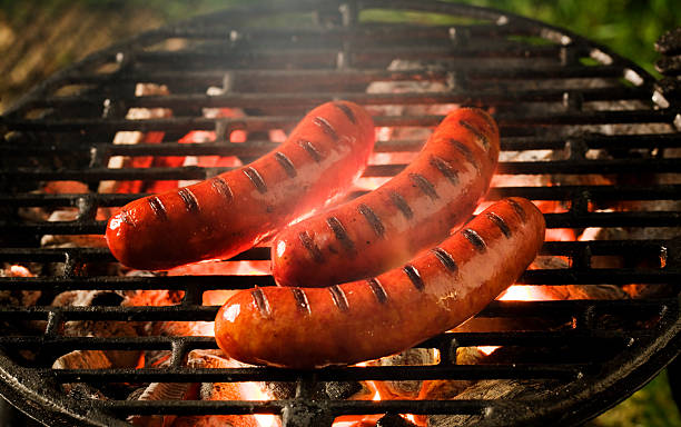 Grilled bratwursts stock photo