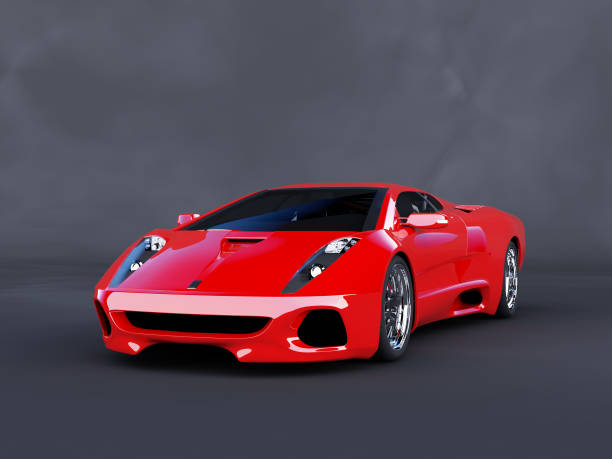 red luxury car on angle parked on dark background - spor araba stok fotoğraflar ve resimler