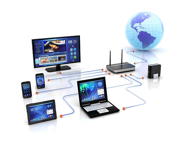 Home Solution & wifi Devices network "home network Solution & wifi router connectivity to smart tv streaming, digital HDD storage, PCs & laptops, mobile smartphones and Tablet Pc .. rendered in 3DNote: All Devices design and all screen interface graphics in this series are designed and modeled by the contributor him self, also all photos used in the tv interface are taken by me and available in my portfolio, please check my lightboxes if you like any..See Also:" router stock pictures, royalty-free photos & images