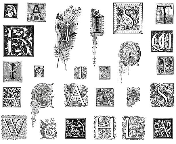 ретро различные буквами - ornate text medieval illuminated letter engraved image stock illustrations