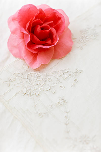 istock Pink rose and lace background 184281495