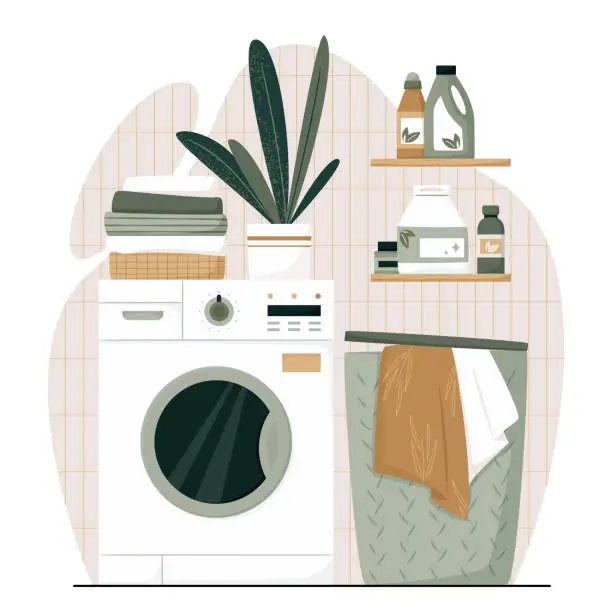 Vector illustration of Laundry room with washing machine, basket with dirty clothes, detergents, towels and home plant. Japandi or Scandinavian interior. Eco Friendly home