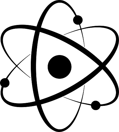 Atom icon. Logo atomic neutron black. Nuclear atom. Icon nucleus. Orbit spin. Proton core symbol. Atom element. Science physics. Energy core. Vector illustration