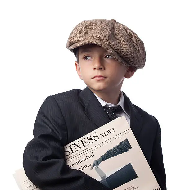 Photo of Paper Delivery Boy Holding Newspapers On White Background