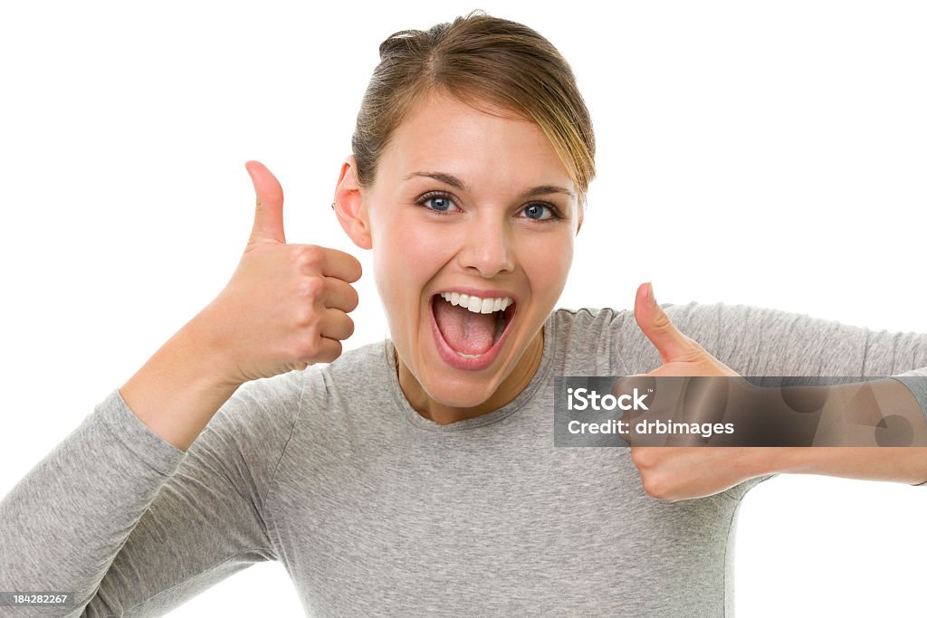 Excitación joven mujer da Doble enhorabuena - Foto de stock de Pulgar hacia arriba libre de derechos