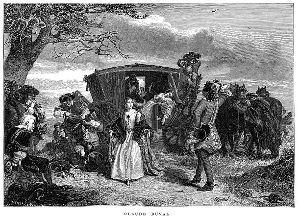 Vintage engraving from 1876 of Claude Duval 1643 to 1670 a French born gentleman highwayman in post-Restoration Britain.