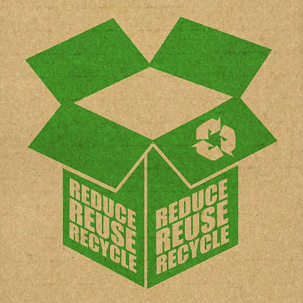 "Reduce, reuse, recycle stamped onto the side of cardboard in green ink. Box drawn and created by myself."