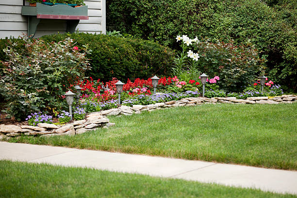 아이리스입니다 정원 - landscaped retaining wall stone flower bed 뉴스 사진 이미지