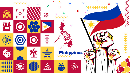 Banner for National independence day of Philippines. Abstract retro design with philippines flag colors & landmarks like mayon volcano & intramuros.