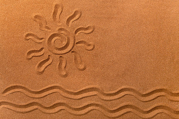 istock Waves and sun sign on the sand 184283569
