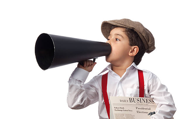 istock Newsboy holding paper and Shouting With Megaphone 184283916